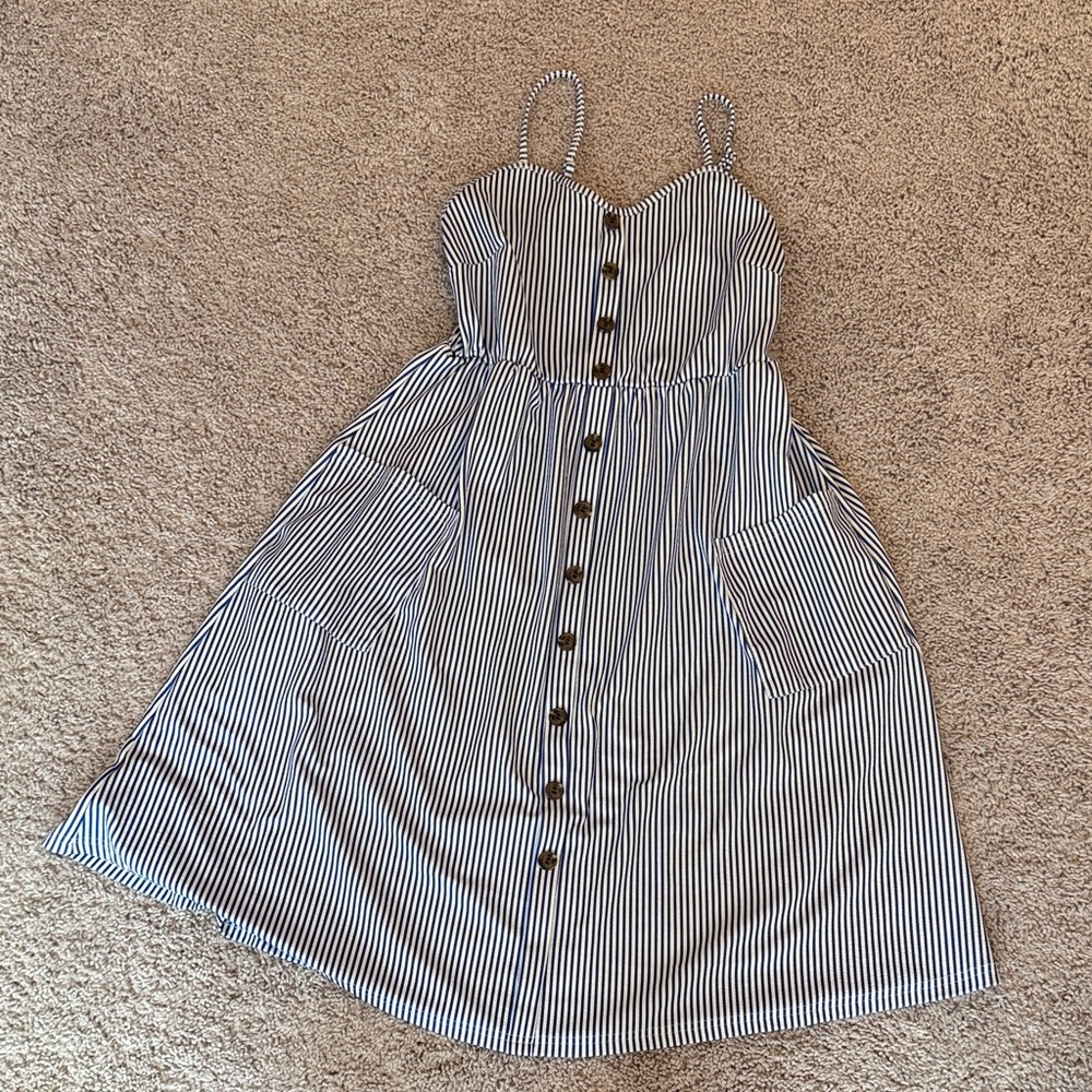 Striped Button-Front Midi Sundress with Pockets - Blue/White